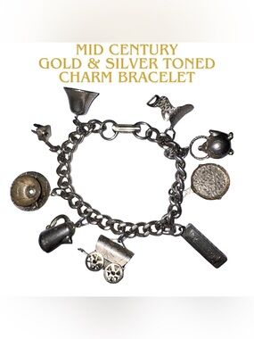 Vintage Mid Century Gold & Silver Tone Charm Bracelet Heavy Link‎ Chain